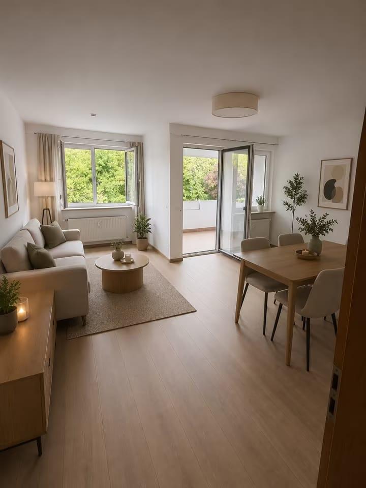 2-Zimmer-Wohnung Wörth – Wohnzimmer mit Balkonzugang (möbliert dargestellt)